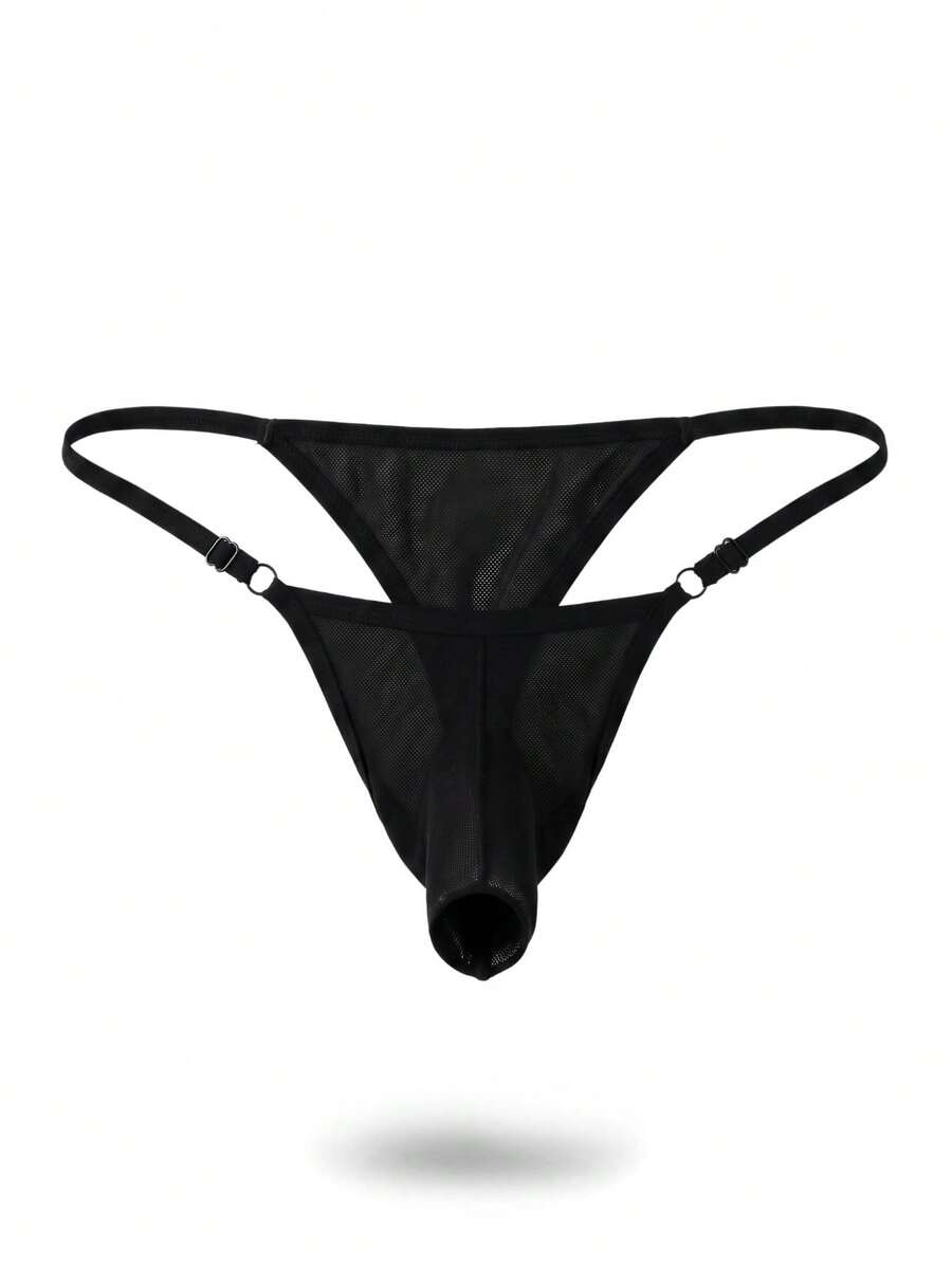 Black low-rise men's adjustable elephant trunk briefs with ring detail.