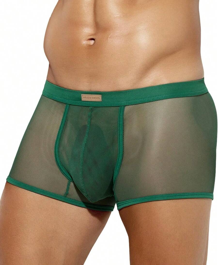 Men's transparent breathable mesh boxer briefs with a sporty low-rise fit, contrast mesh details, and 3D pouch support.