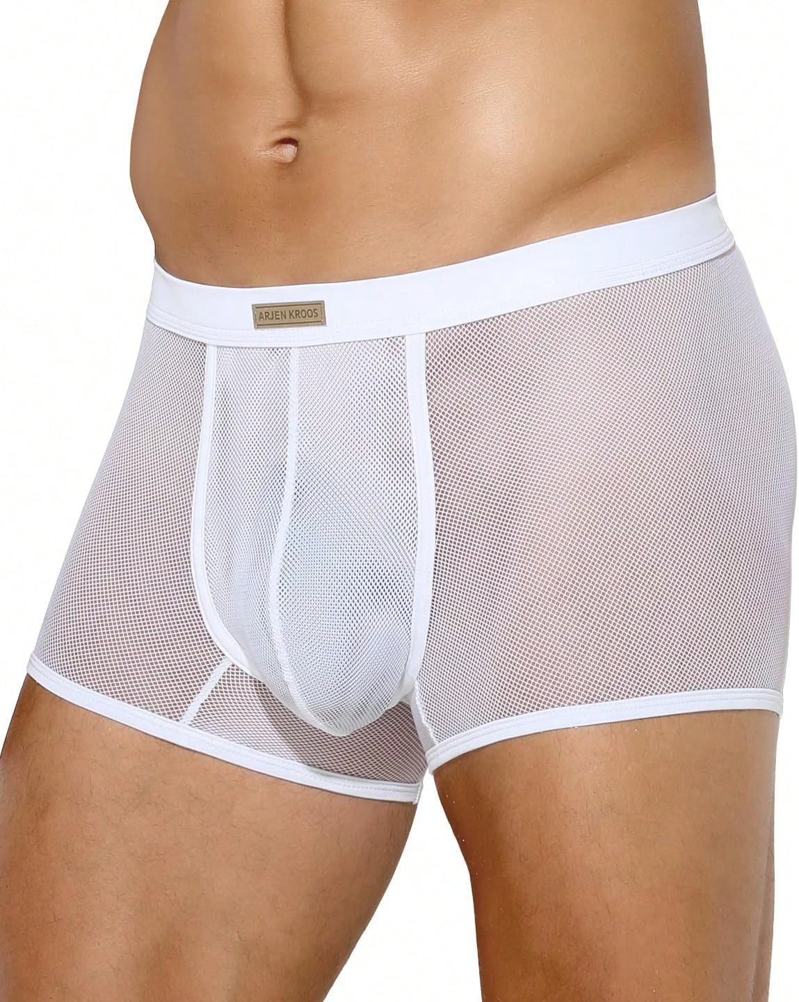Men's transparent breathable mesh boxer briefs with a sporty low-rise fit, contrast mesh details, and 3D pouch support.