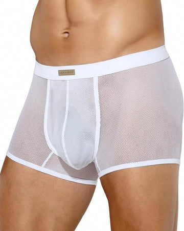 Men's transparent breathable mesh boxer briefs with a sporty low-rise fit, contrast mesh details, and 3D pouch support.