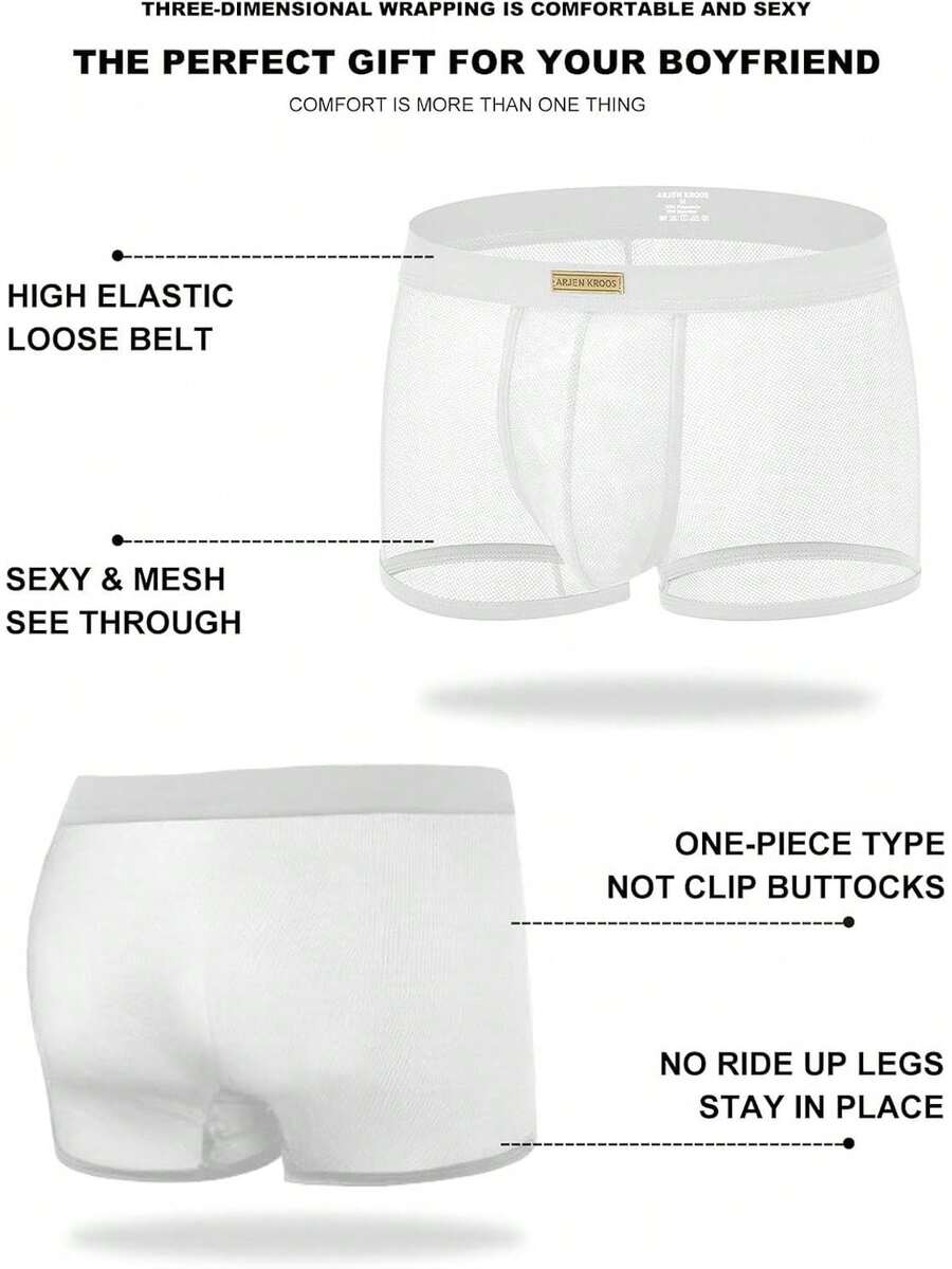 Men's transparent breathable mesh boxer briefs with a sporty low-rise fit, contrast mesh details, and 3D pouch support.
