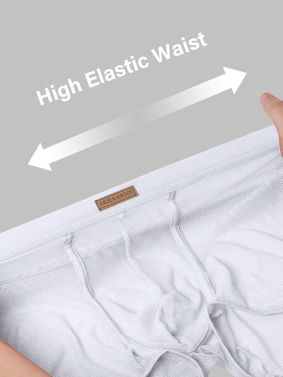 Men's transparent breathable mesh boxer briefs with a sporty low-rise fit, contrast mesh details, and 3D pouch support.