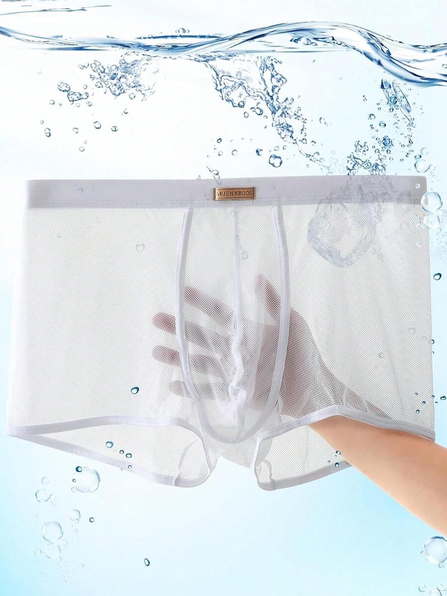 Men's transparent breathable mesh boxer briefs with a sporty low-rise fit, contrast mesh details, and 3D pouch support.