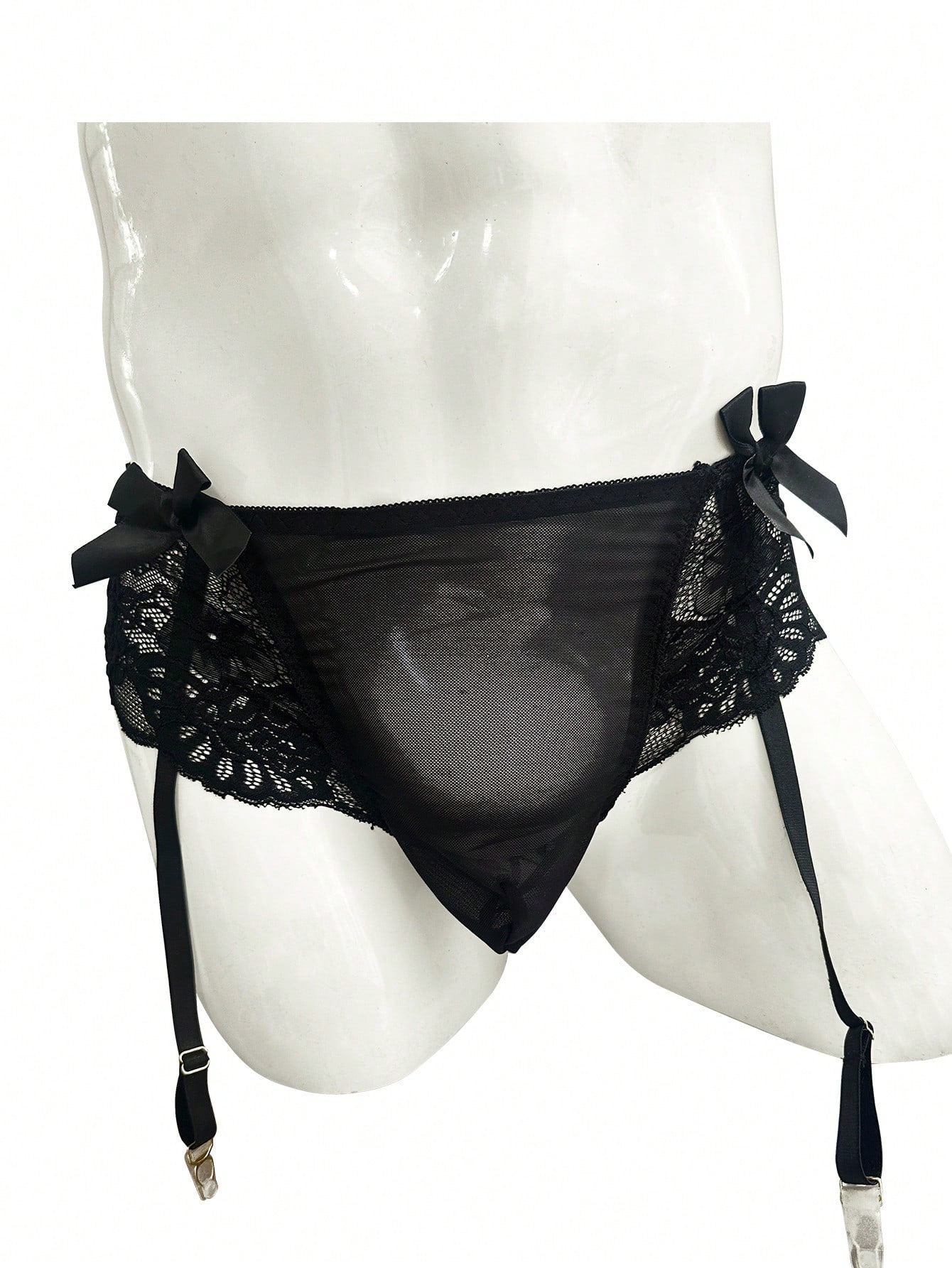 Black men's low waist lace contrast mesh garter style boxer shorts featuring medium stretch fabric and plain pattern.