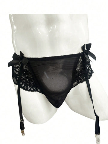 Black men's low waist lace contrast mesh garter style boxer shorts featuring medium stretch fabric and plain pattern.