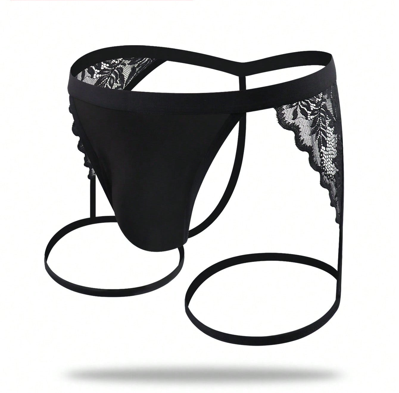 1pc Men’s Black Lace Short with Decorative Strap Detail, Lightweight Fabric