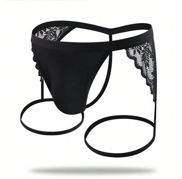 1pc Men’s Black Lace Short with Decorative Strap Detail, Lightweight Fabric