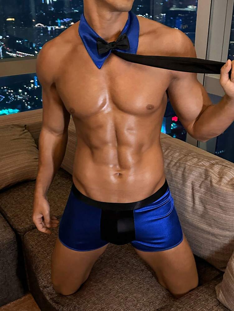 Men’s 2 Piece Costume Set with Contrast Color Shorts and Bow Tie, Lightweight Fabric, Decorative Detail, For General Occasions