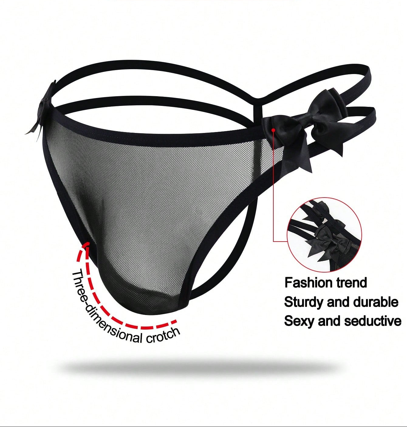 1pc Men’s Black Mesh Fabric Short With Bow Detail, Pattern Design, For Everyday Use