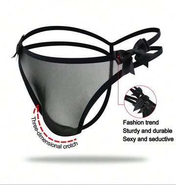 1pc Men’s Black Mesh Fabric Short With Bow Detail, Pattern Design, For Everyday Use