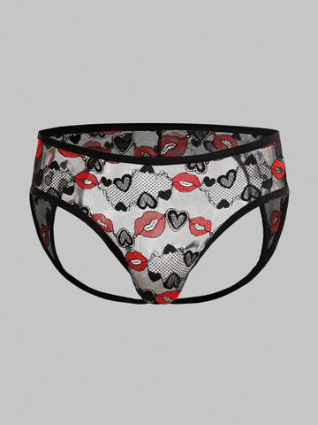 Men’s Heart And Lip Print Short, Mesh Fabric Texture, Lightweight Design, For Everyday Use