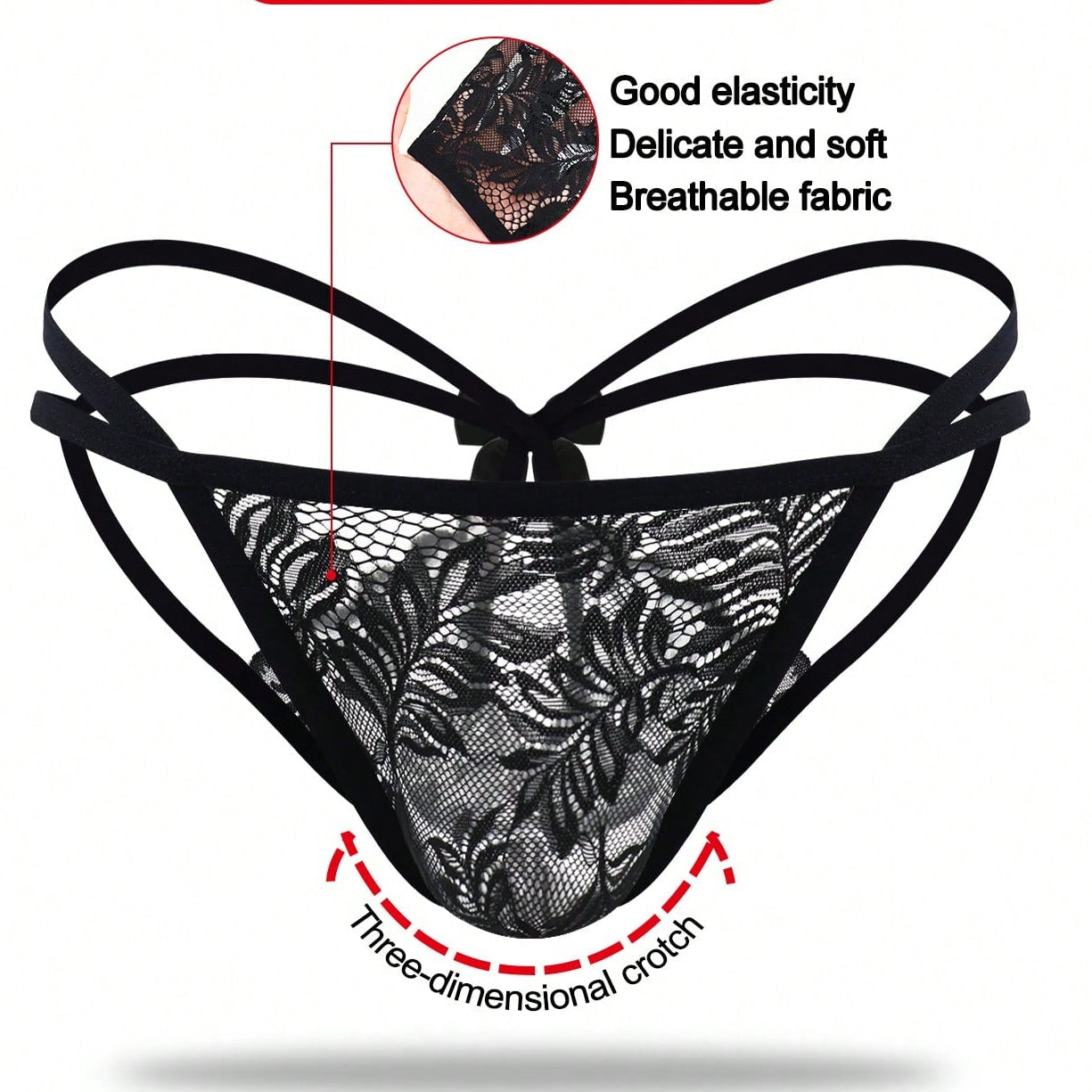 Men's Black Bow Detail Lace Waist Briefs