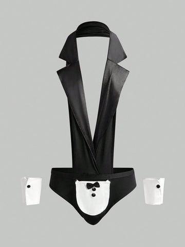 Men’s Contrast Color Halter Costume Set, Gloves, Apron