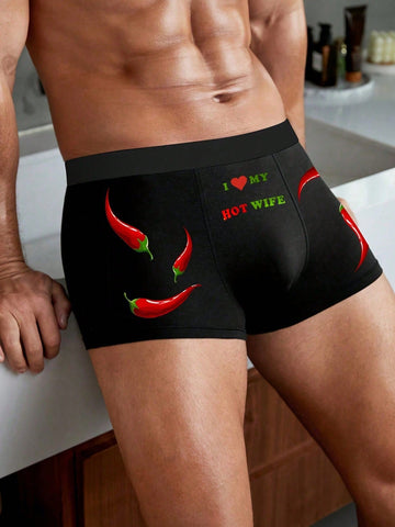 Men's Black Boxer Briefs With Red Pepper Heart And Letter Print