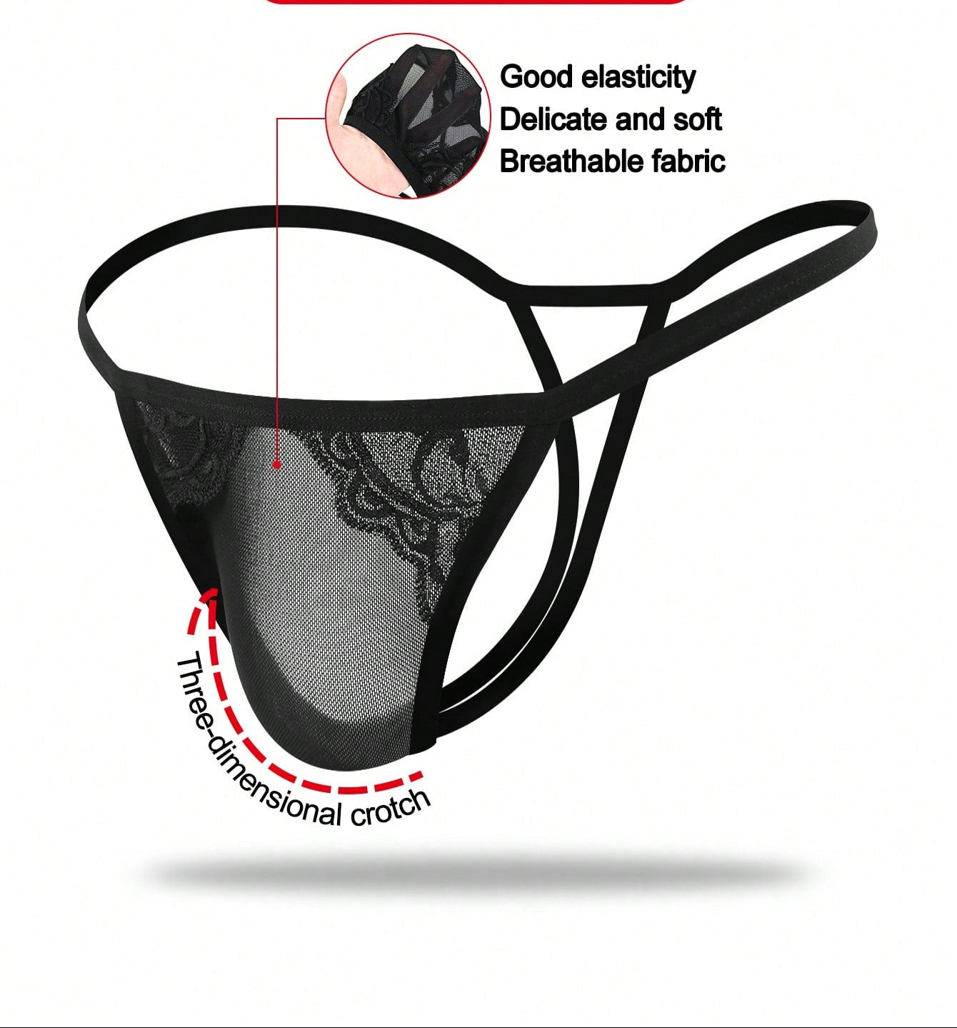 Men’s Black Mesh Short with Lace Trim, Lightweight Fabric, Simple Design