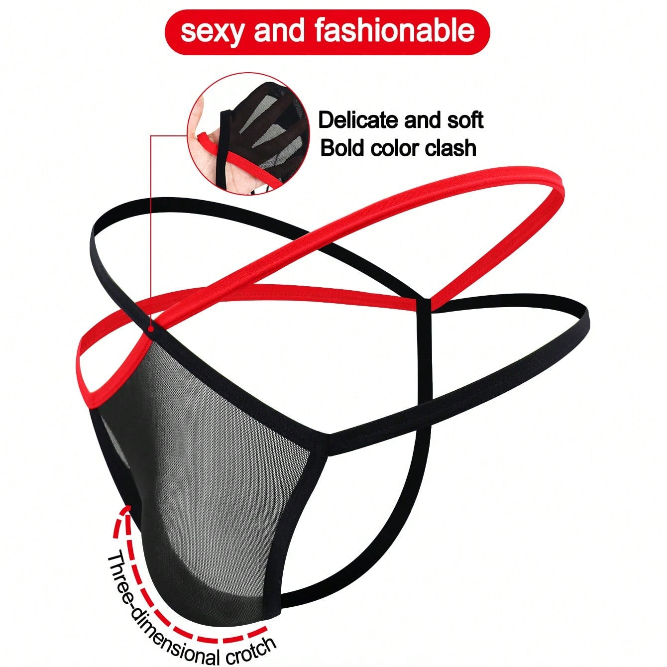 1pc Men's Black Hollow Mesh Underwear With Red Trim