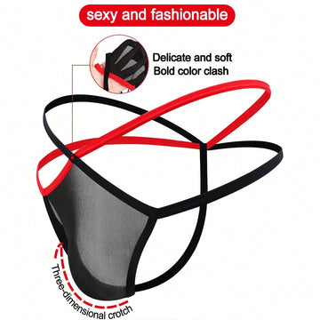 1pc Men's Black Hollow Mesh Underwear With Red Trim