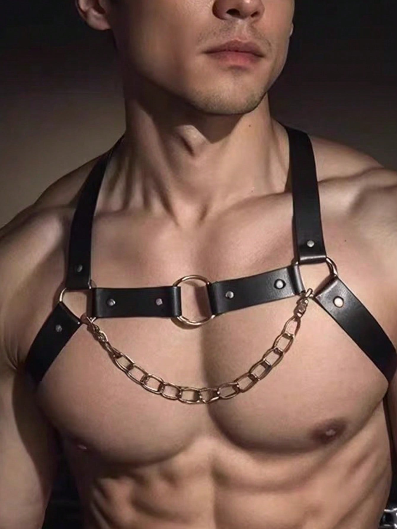 Men's Chest Chain Suspenders - Punk Stud Detail, Adjustable Square Buckle Shoulder Strap, Very Suitable For Nightclubs, Parties And Electronic Music Festivals - Black, ,Punk Style, Adjustable Strap