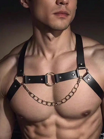 Men's Chest Chain Suspenders - Punk Stud Detail, Adjustable Square Buckle Shoulder Strap, Very Suitable For Nightclubs, Parties And Electronic Music Festivals - Black, ,Punk Style, Adjustable Strap