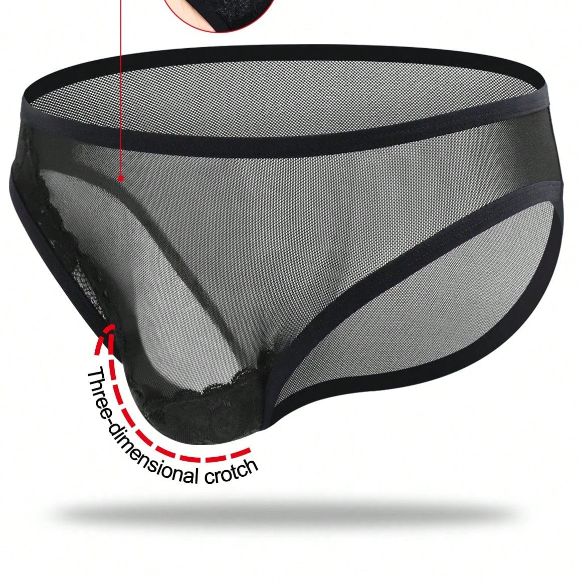 1pc Men's Black Lace Trim Hollow Mesh Mid Rise Briefs