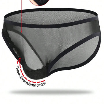 1pc Men's Black Lace Trim Hollow Mesh Mid Rise Briefs