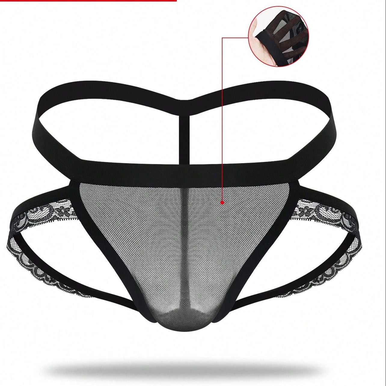 1pc Men's Black Lace Trim Mesh Mid Waist Thong Briefs