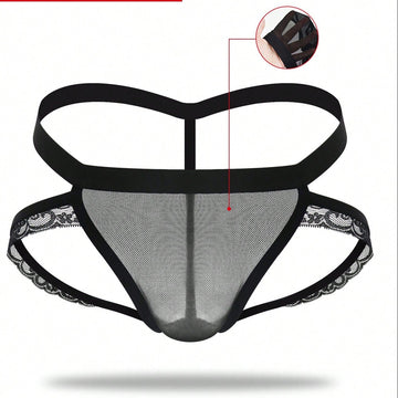 1pc Men's Black Lace Trim Mesh Mid Waist Thong Briefs