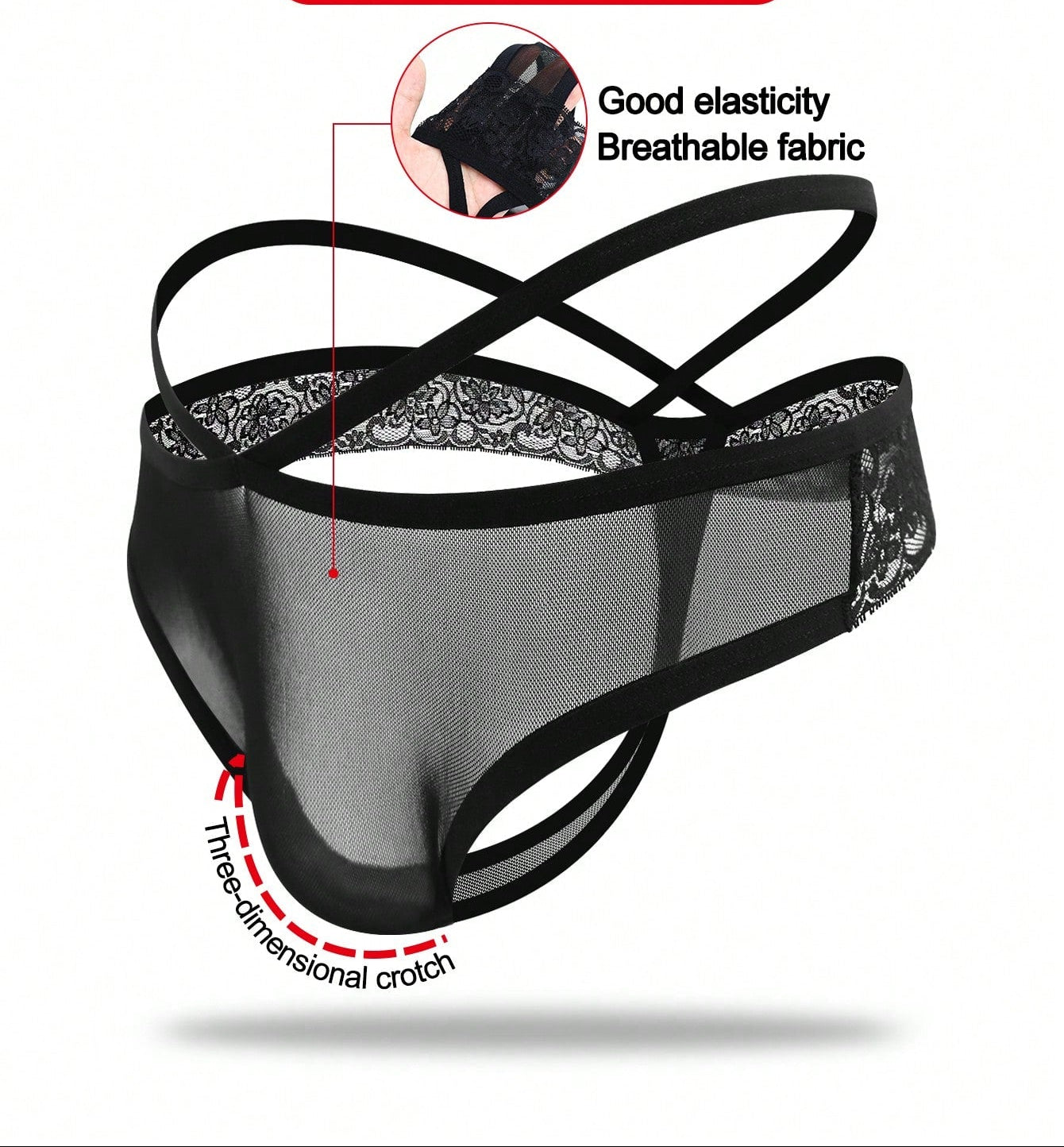 Men’s Black Mesh Short with Lace Waist Trim, Lightweight Fabric, Simple Design