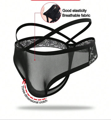 Men’s Black Mesh Short with Lace Waist Trim, Lightweight Fabric, Simple Design