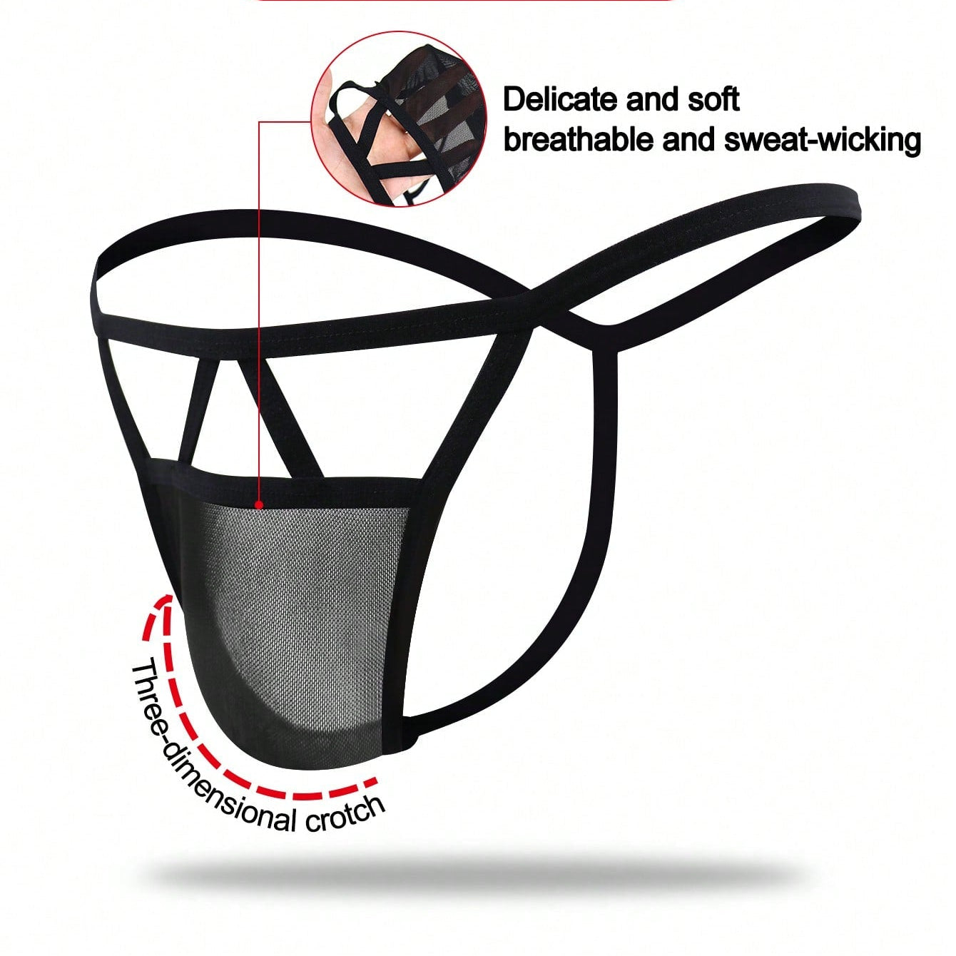Men's Black Hollow Mesh Mid Waist Thong Underwear