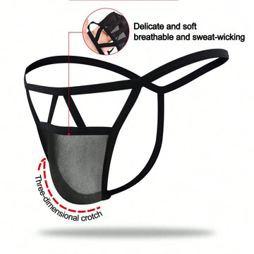 Men's Black Hollow Mesh Mid Waist Thong Underwear