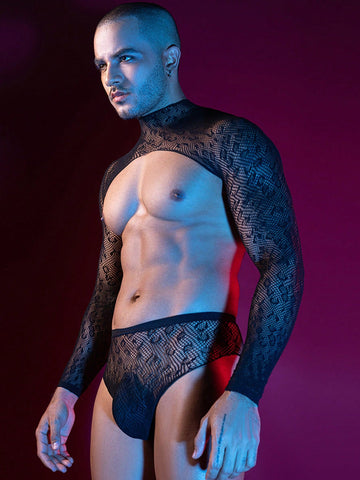 Sheer Leopard Print Long Sleeve Fishnet Bodysuit For Men