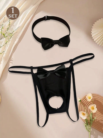 Men's Sexy Hollow Out Bowknot Black Thong With Neck Collar, Comfortable And Stylish