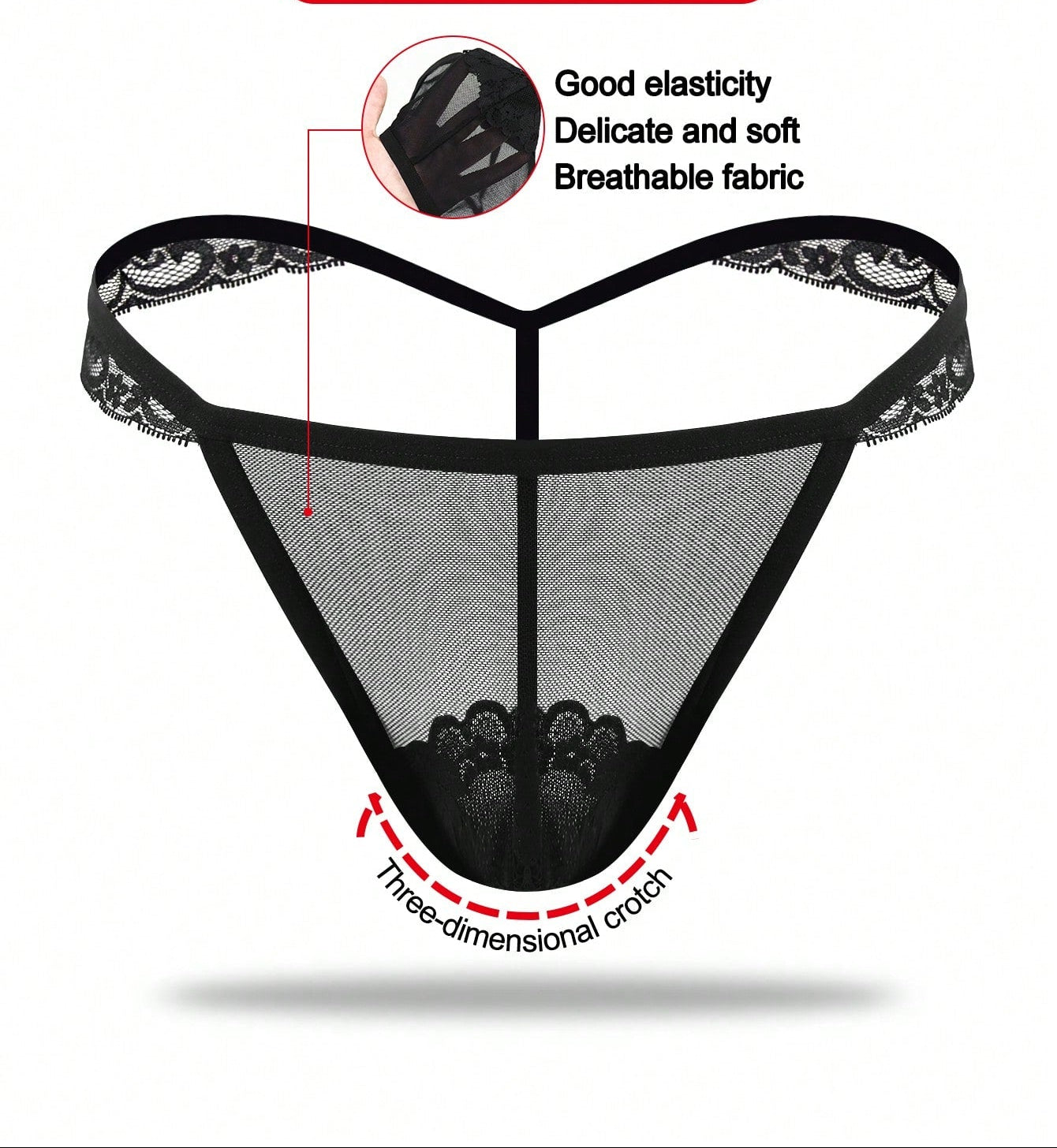 Men’s Black Mesh Short with Lace Trim, Mid-Waist Design, Lightweight Material