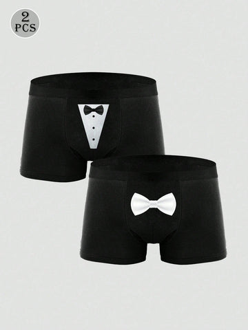 2pcs Men's Black Graphic Print Briefs