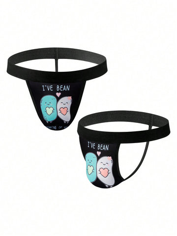 Men's Letter And Cartoon Print G-String Underwear