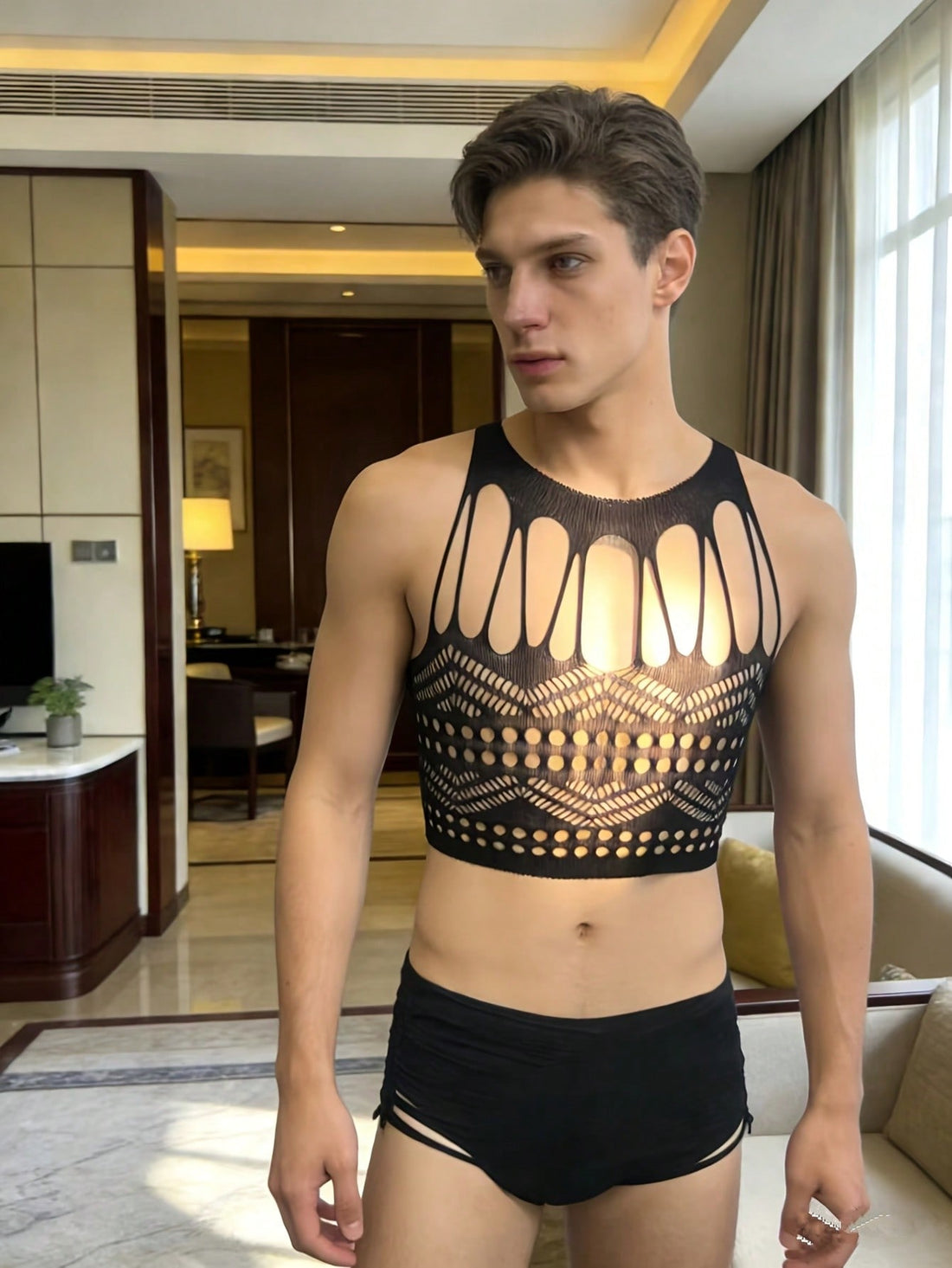 Hollow Mesh Sheer Nightclub Fishnet Bodystocking For Men