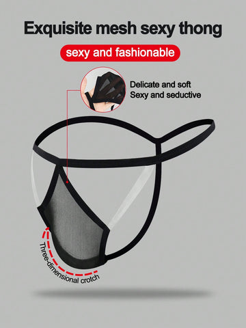 Men's Black Mesh Mid Waist Briefs With Hollow Design