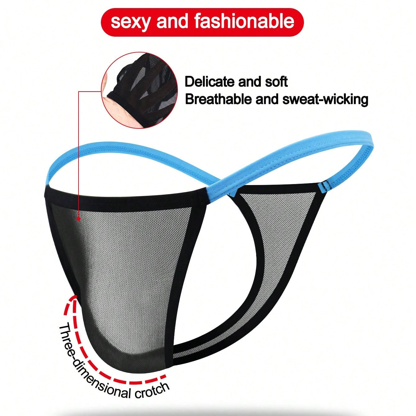 Men's Black Hollow Mesh Waist Underwear With Blue Trim