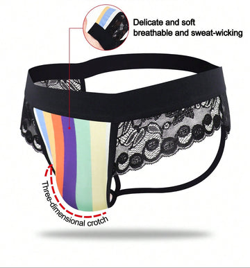 1pc Men’s Black Textured Knit Short With Rainbow Print Detail, Lightweight Design, For Daily Use