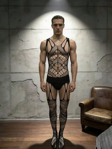 Fishnet Knitted Elastic Full Body Sheer Socks For Men