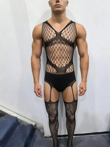 Hollow Out Leopard Jacquard Fishnet Bodystocking For Men