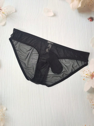 1pc Men's Black Elastic Mesh Low Waist Elephant Print Briefs