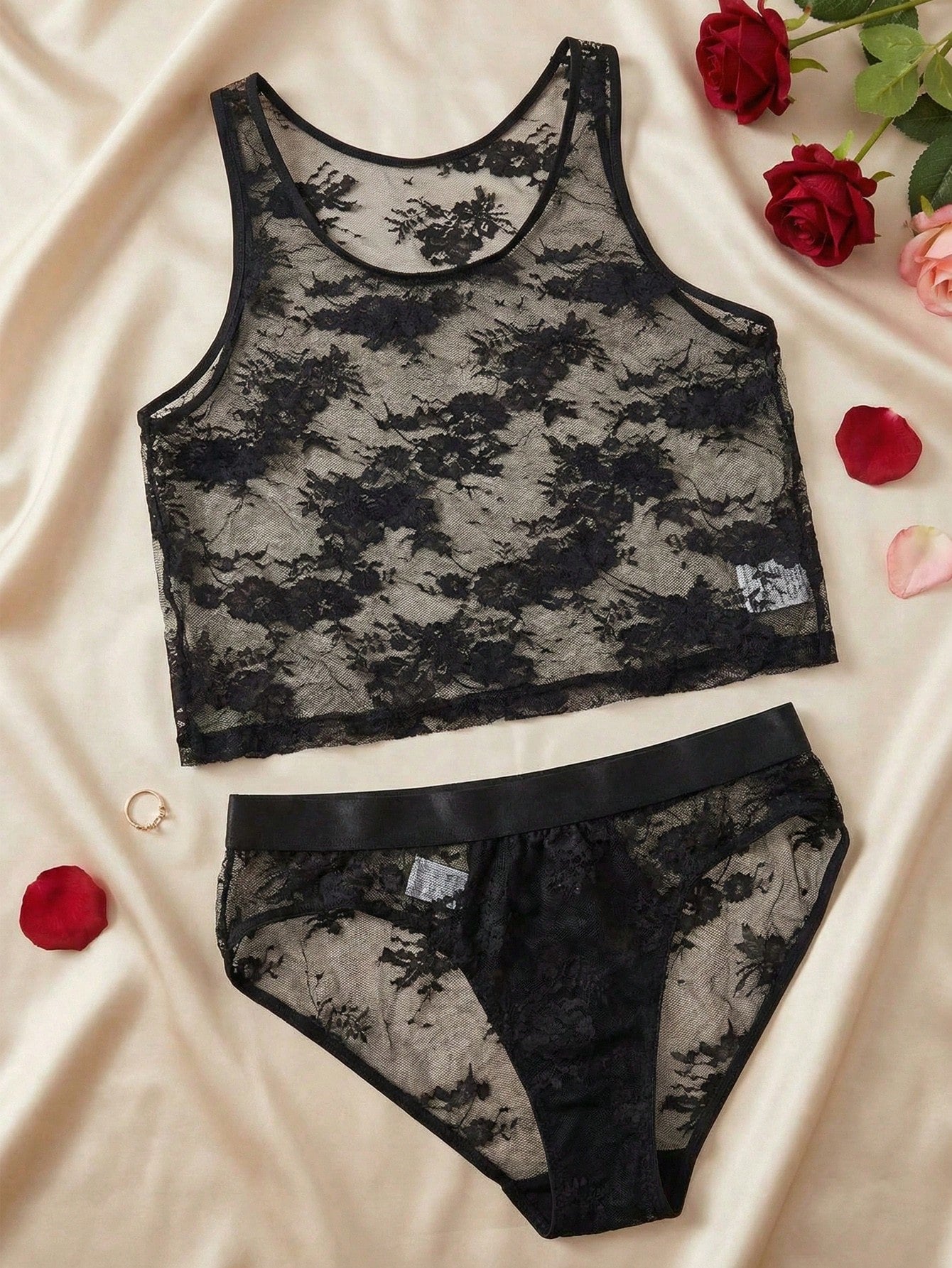 Men’s Black Lace Patchwork Short Set, 2pcs, Lightweight Fabric, Party Theme Design