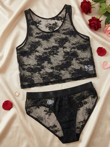 Men’s Black Lace Patchwork Short Set, 2pcs, Lightweight Fabric, Party Theme Design