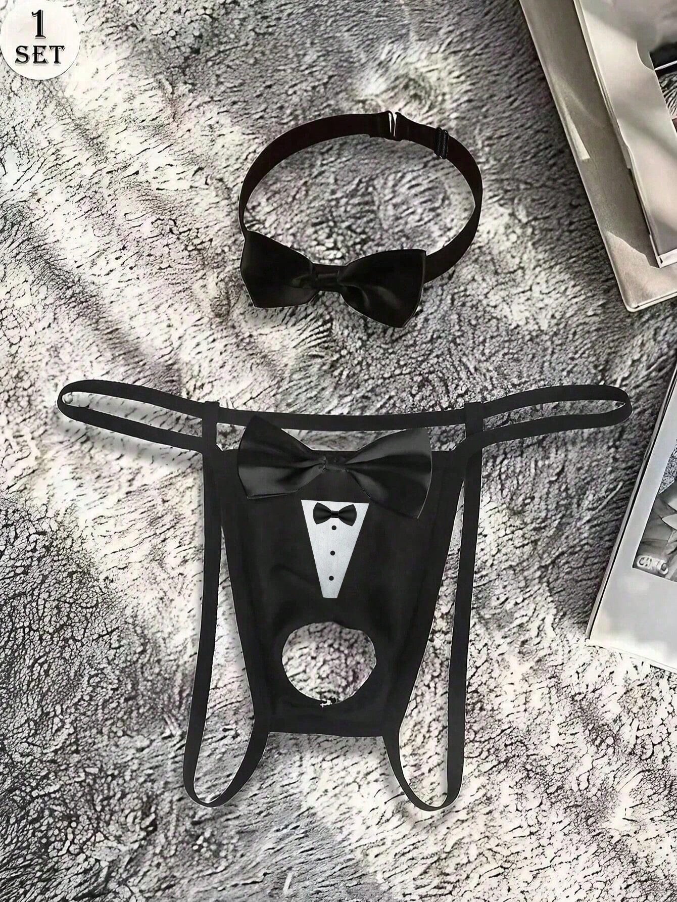 Men's Sexy Comfortable Hollow Bowknot Pattern G-String With Collar