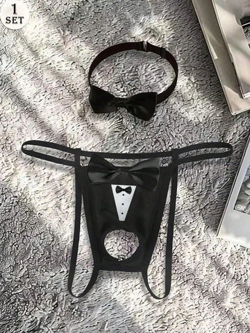 Men's Sexy Comfortable Hollow Bowknot Pattern G-String With Collar