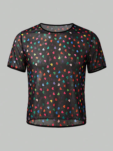 Men’s Mesh Fabric T-Shirt With Heart Pattern, Lightweight Design, For Daily Wear