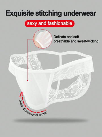 White Lace Hollow Mesh Mid Waist Underwear For Men