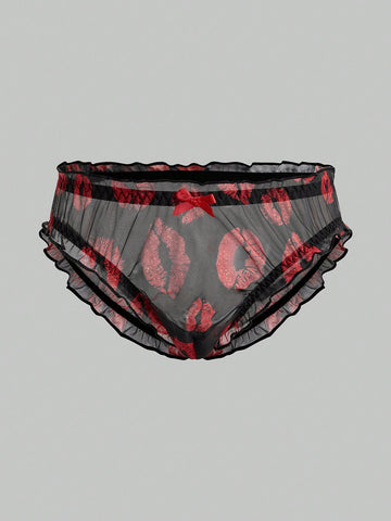 Lip Print Sheer Mesh Lingerie For Men